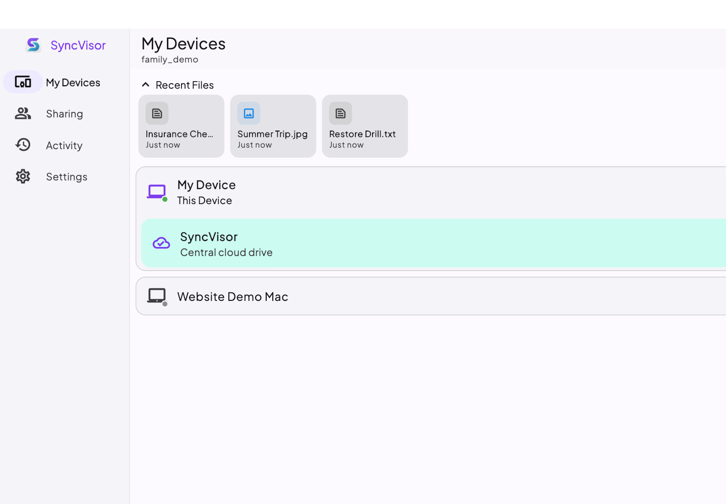 SyncVisor desktop app showing connected devices and folders.
