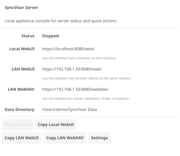 SyncVisor Server Manager showing server status and addresses.